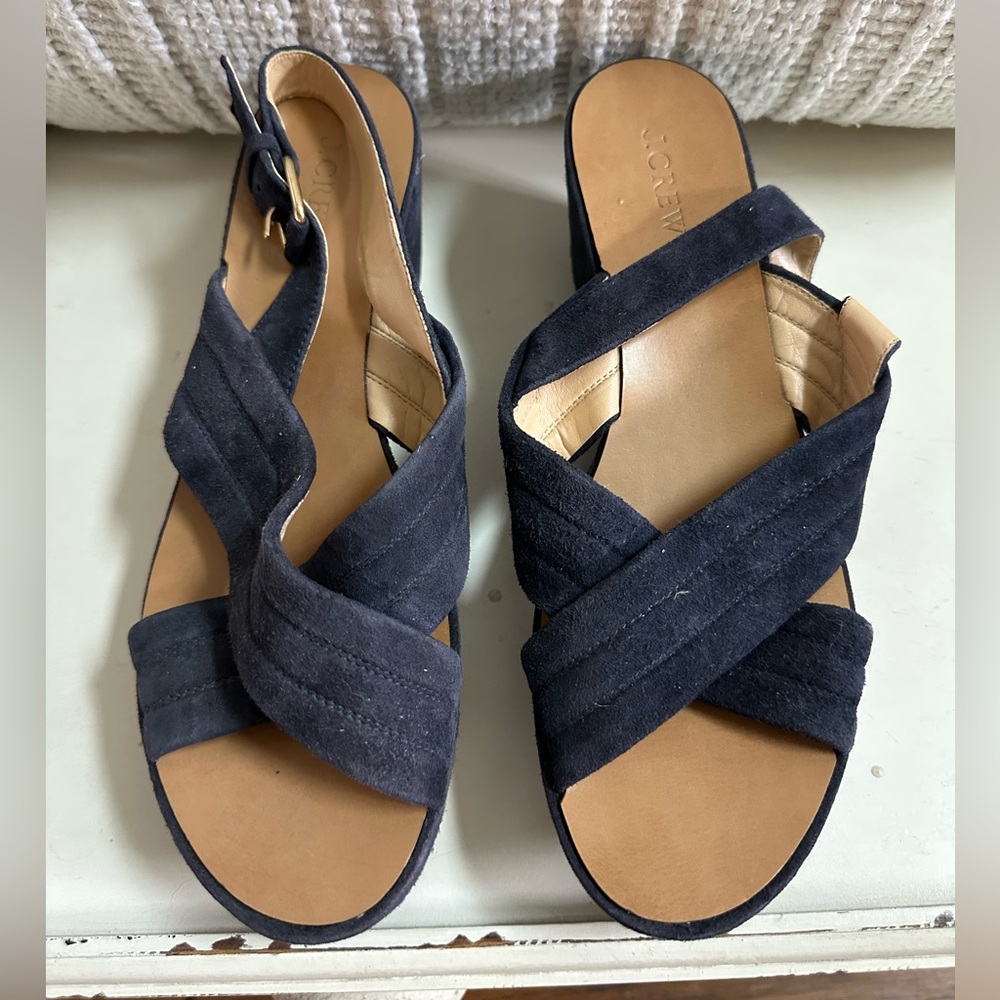 J. Crew Dark Blue Suede Wedge Sandals Sz 9.5 women’s
